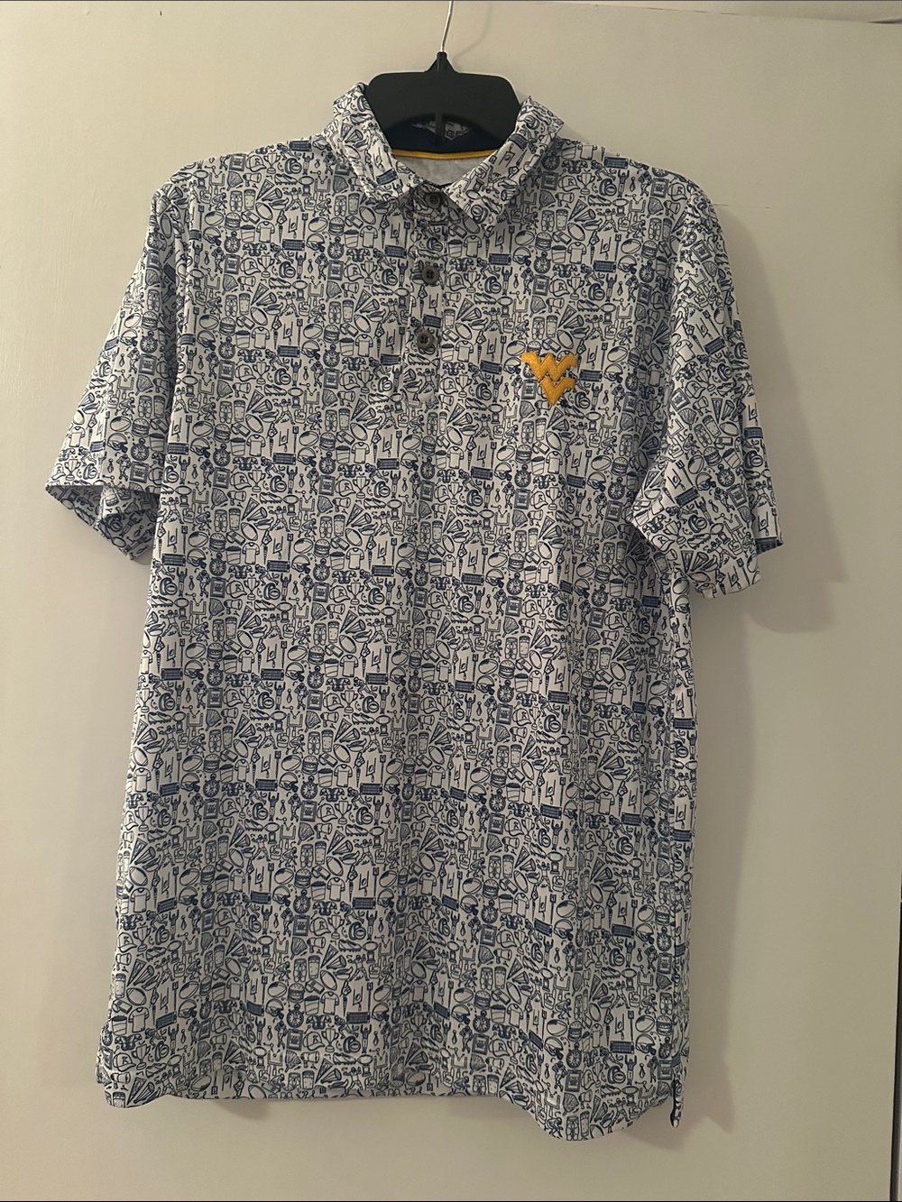 Colosellum Men's Blue & White football Patterned Polo Shirt with Yellow WVU Logo
